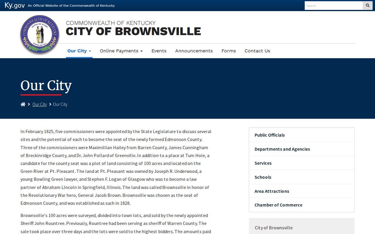 Official history of Brownsville as the Edmonson County seat
