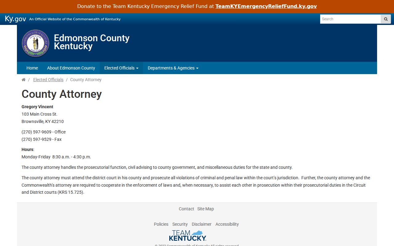 Edmonson County Attorney office information for Brownsville District Court prosecutions