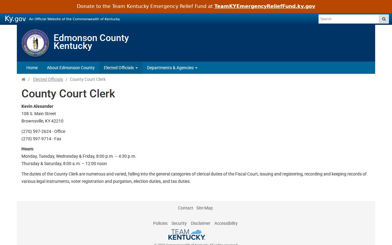 Edmonson County Clerk page showing the noncriminal county records office in Brownsville