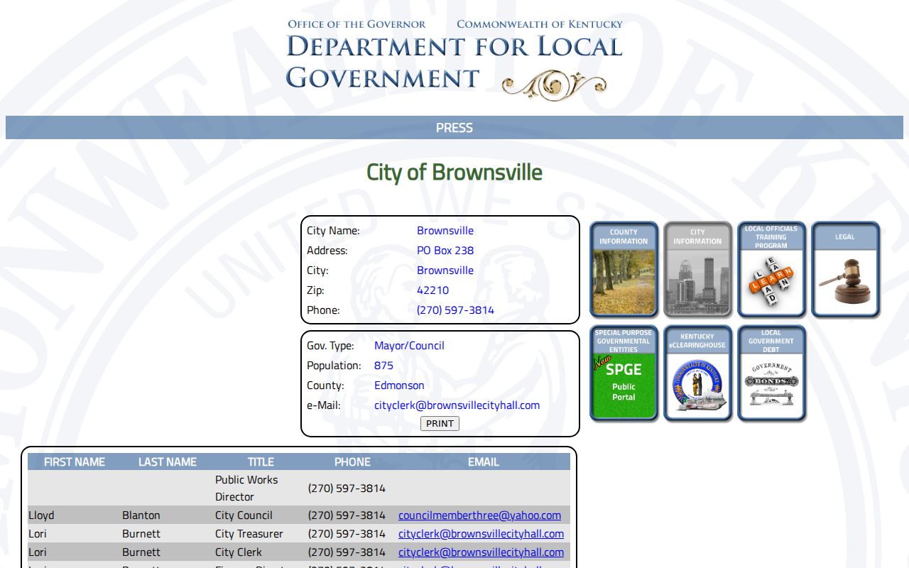 Kentucky municipal profile identifying Brownsville as Edmonson County's city